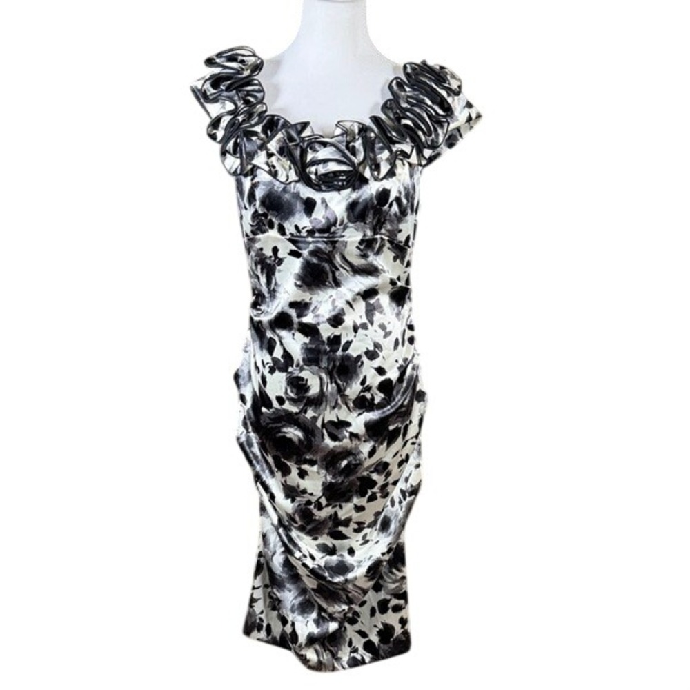 Xscape Joanna Chen Womens Black White Floral Ruffle Satin Cocktail Dress Size 12